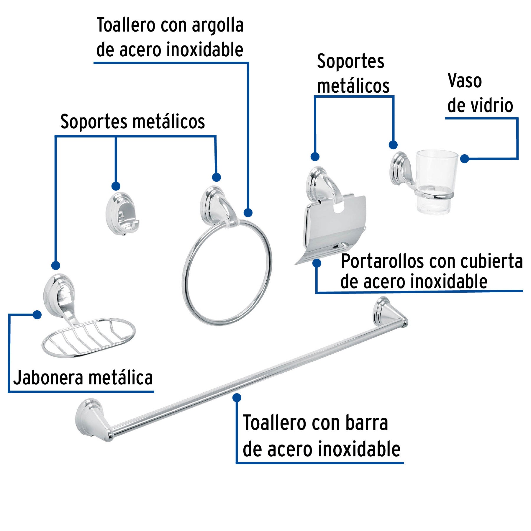 Juego de 6 accesorios para bano FOSET AQUA cromo
