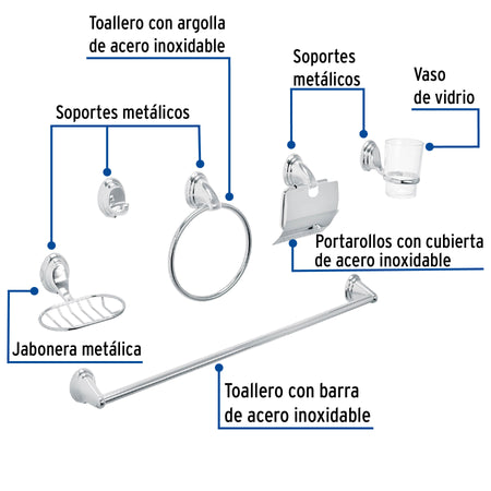 Juego de 6 accesorios para bano FOSET AQUA cromo