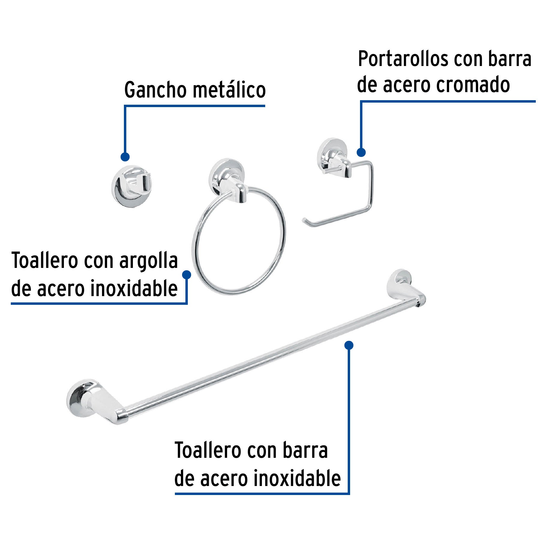 Juego de 4 accesorios para bano cromo FOSET AQUA
