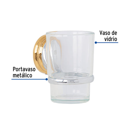 Portavaso cepillero con vaso de vidrio cromo-oroFOSET AQUA
