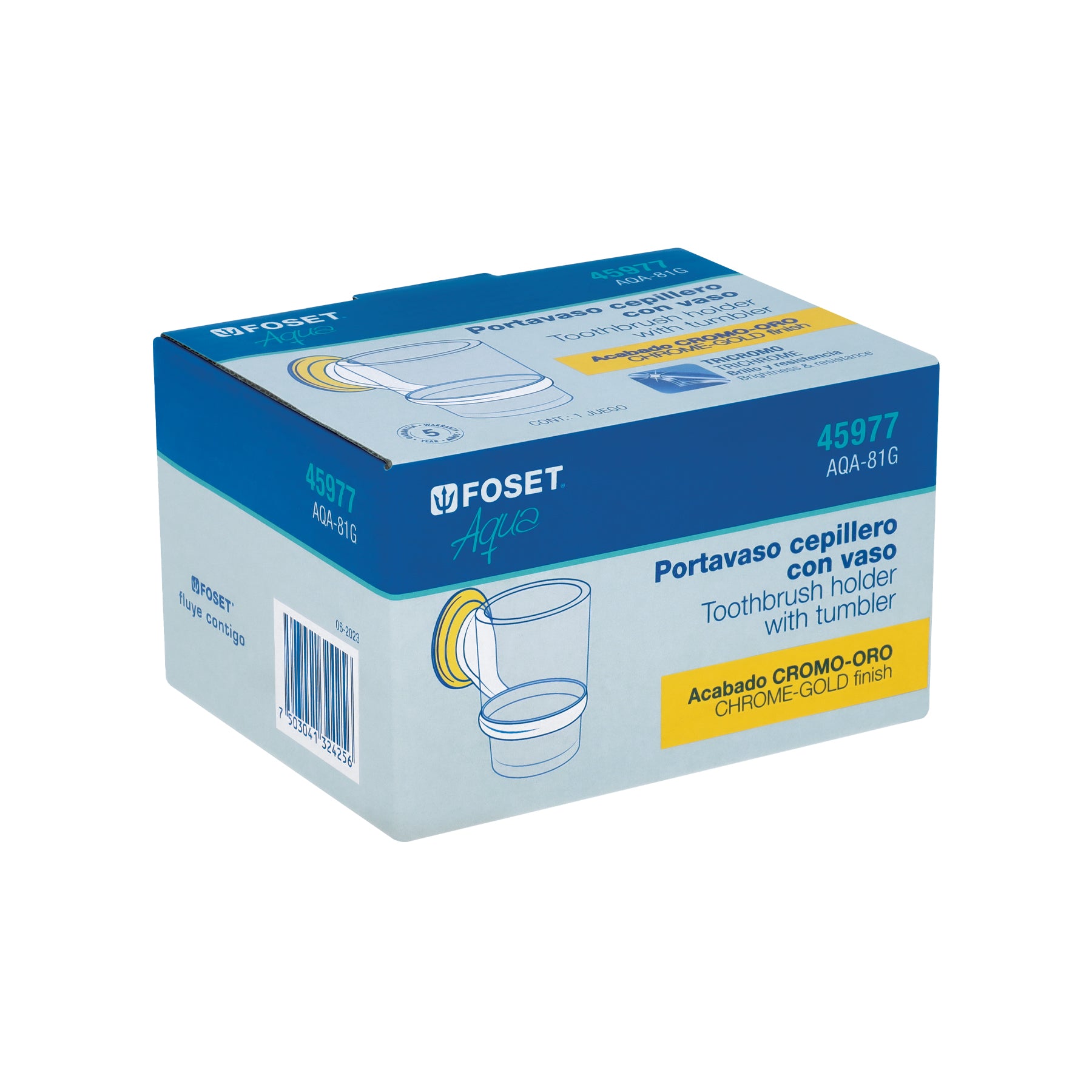 Portavaso cepillero con vaso de vidrio cromo-oroFOSET AQUA