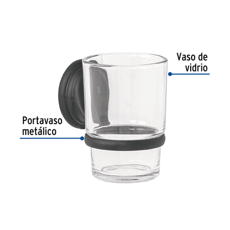 Portavaso cepillero con vaso de vidrio, negro, FOSET AQUA