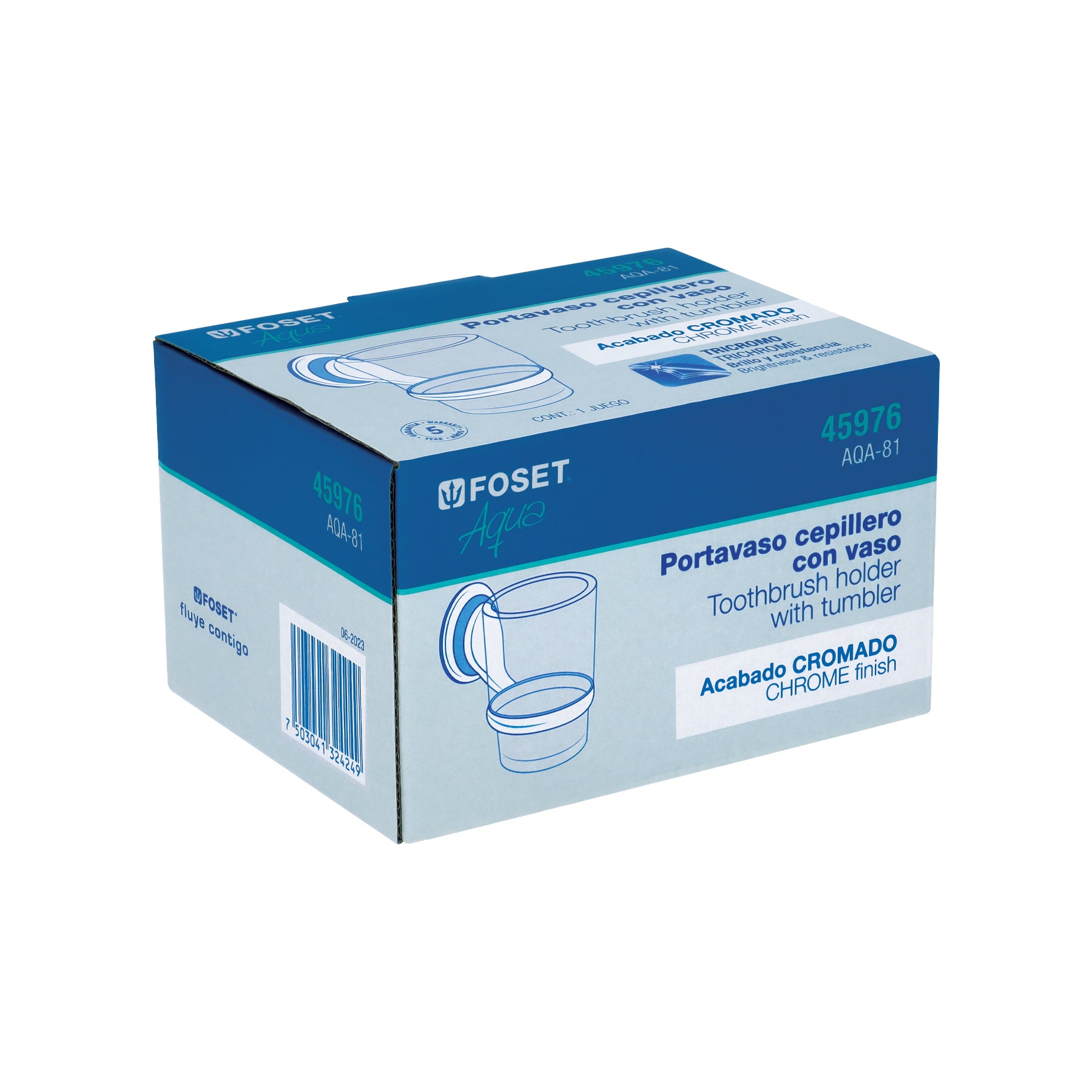 Portavaso cepillero con vaso de vidrio, cromo, FOSET AQUA