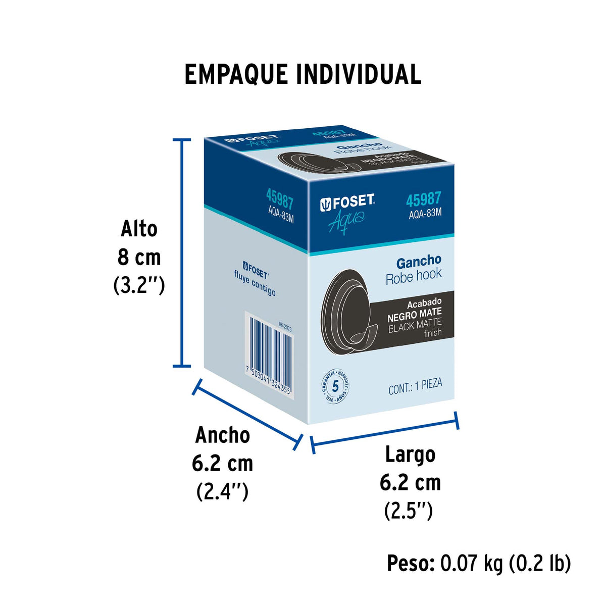 Gancho sencillo para toallas negro FOSET AQUA