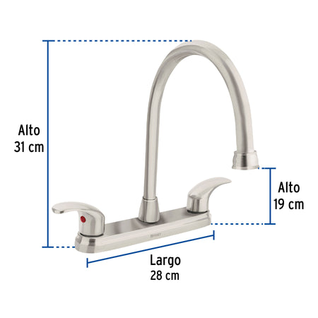 Mezcladora fregadero 8" satin cuello largo palanca AQUA
