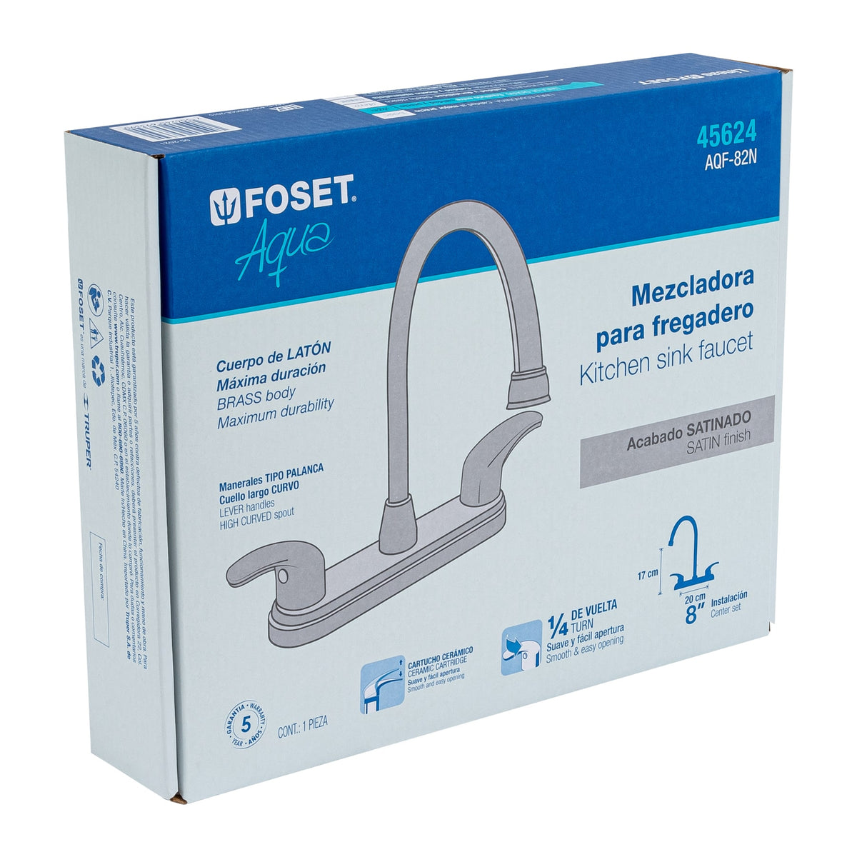 Mezcladora fregadero 8" satin cuello largo palanca AQUA