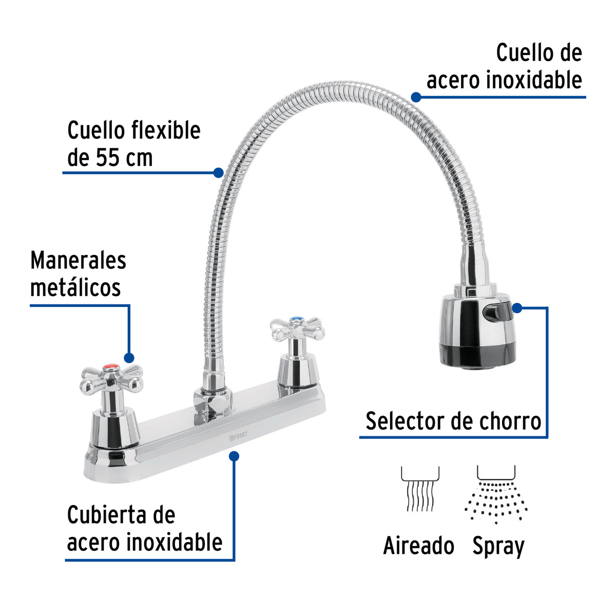 Mezcladora fregadero 8" cromo cuello flexible crucetaAQUA