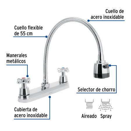 Mezcladora fregadero 8" cromo cuello flexible crucetaAQUA