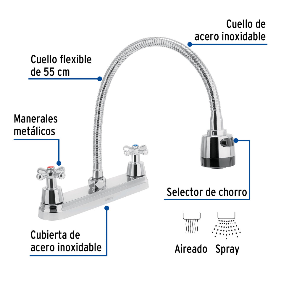 Mezcladora fregadero 8" cromo cuello flexible crucetaAQUA