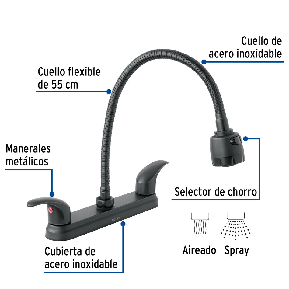 Mezcladora 8" p/fregadero flexible palanca negro AQUA