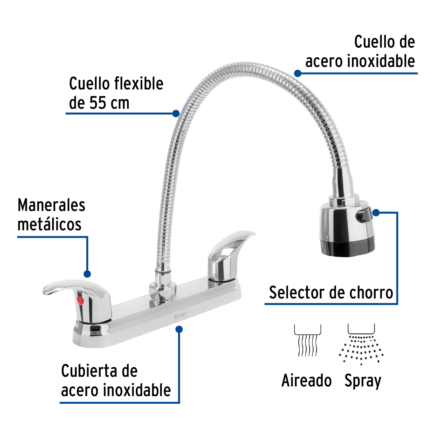 Mezcladora fregadero 8" cromo cuello flexible palancaAQUA