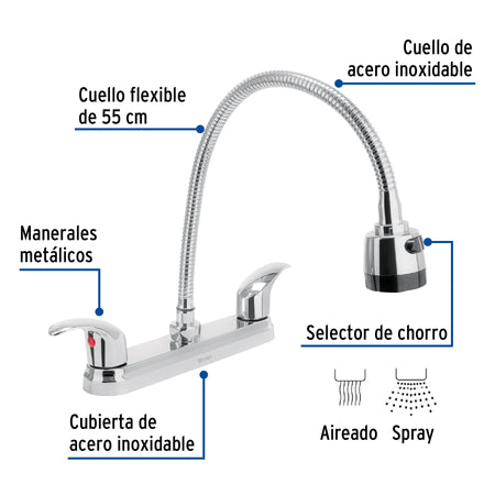 Mezcladora fregadero 8" cromo cuello flexible palancaAQUA