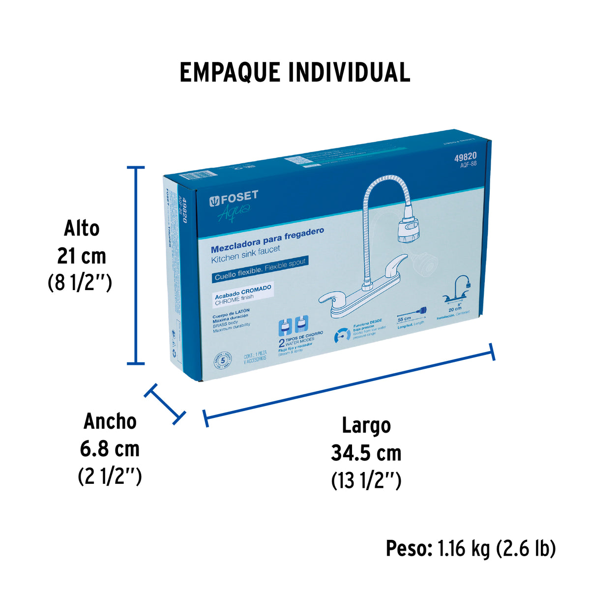Mezcladora fregadero 8" cromo cuello flexible palancaAQUA