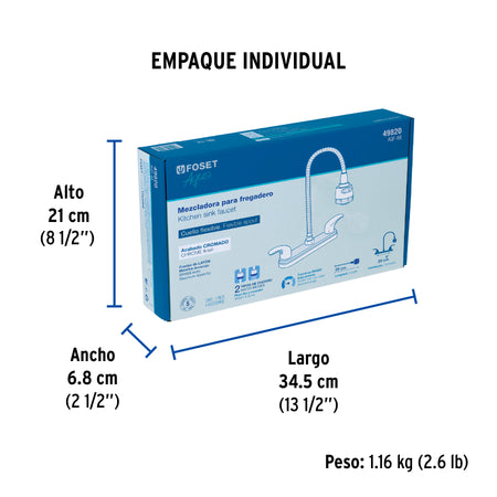 Mezcladora fregadero 8" cromo cuello flexible palancaAQUA