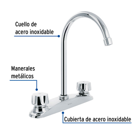 Mezcladora fregadero 8" cromo cuello largo hexagonal AQUA
