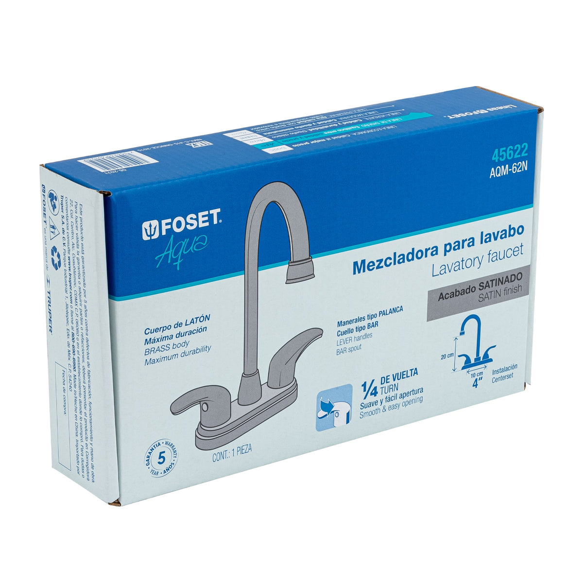Mezcladora lavabo 4" satin tipo bar palanca AQUA