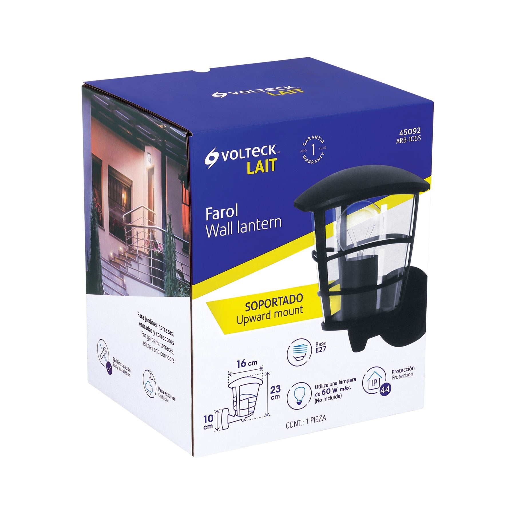 Arbotante tipo farol moderno soportado p/exteriores, negro