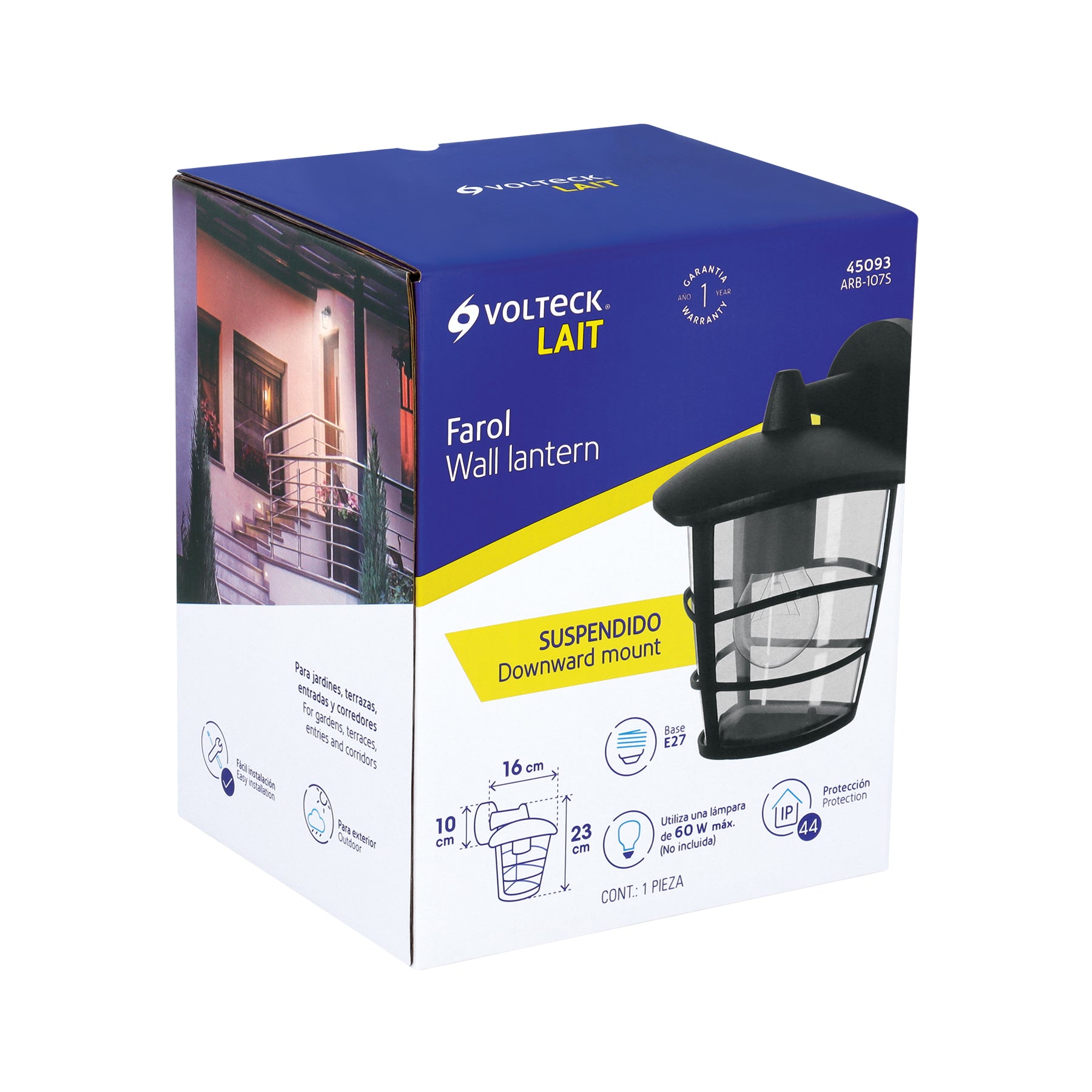 Arbotante tipo farol moderno suspendido p/exteriores negro