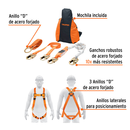 Kit contra caidas con arnes de tres anillos ANSI Truper