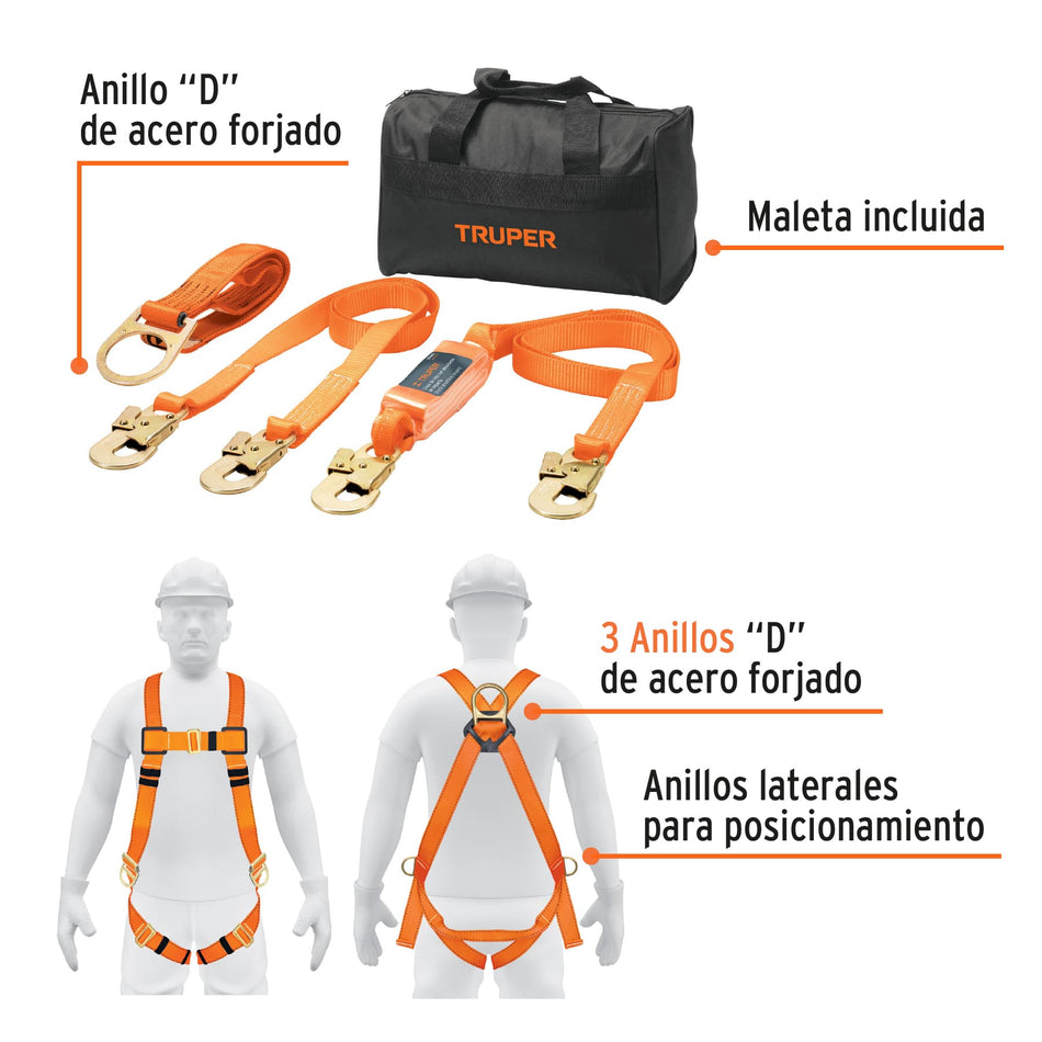 Kit contra caidas con arnes de tres anillos Truper