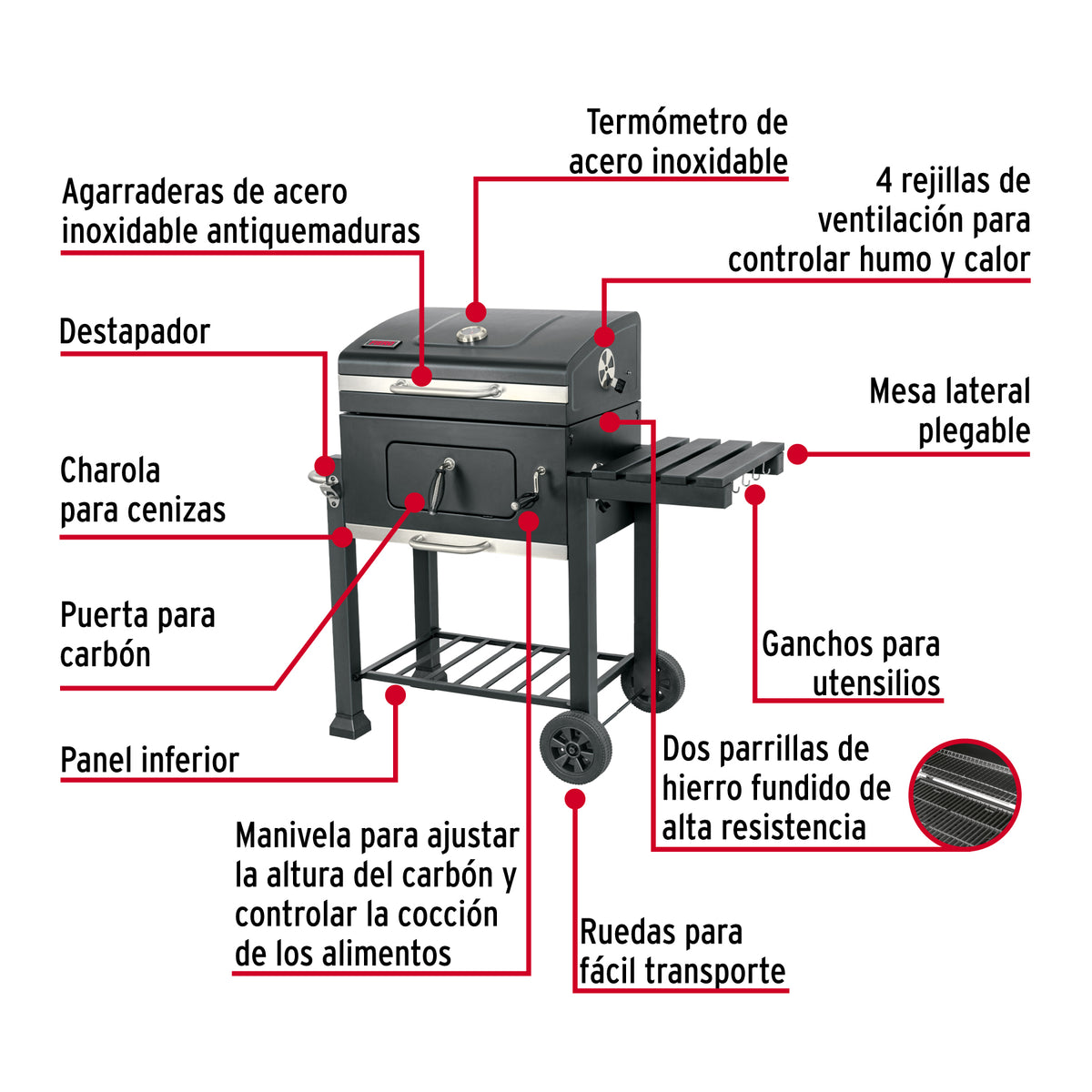 Asador de carbón de 24' con tapa, negro, FIERO