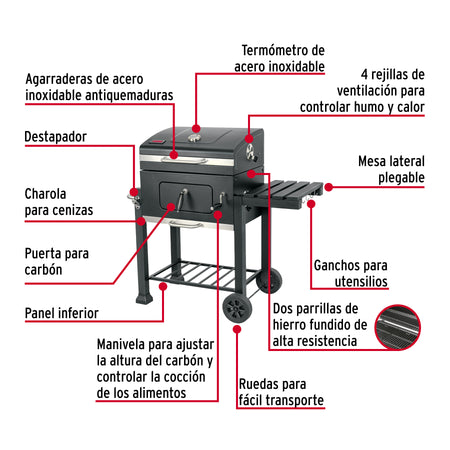 Asador de carbón de 24' con tapa, negro, FIERO