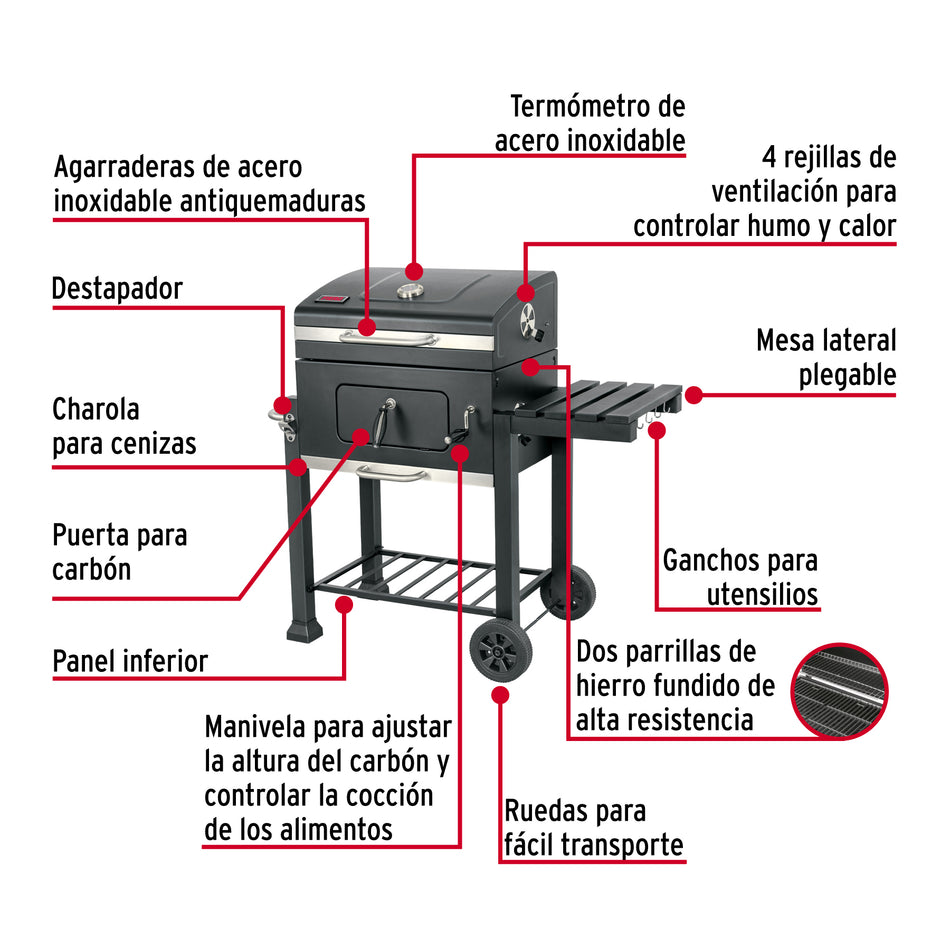 Asador de carbón de 24' con tapa, negro, FIERO