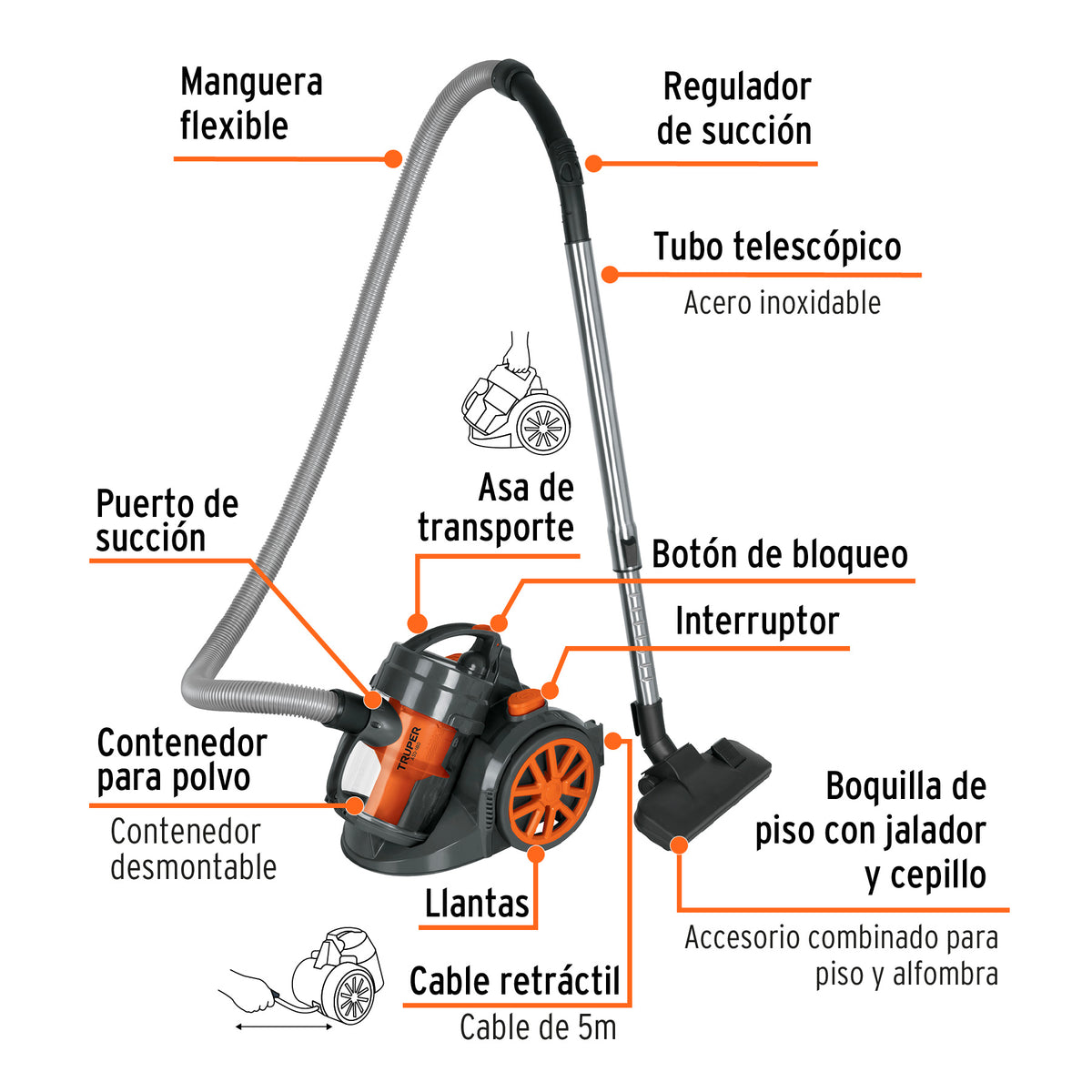 Aspiradora canister 2 L (0.5 gal) 1200 W (1.6 Hp) TRUPER