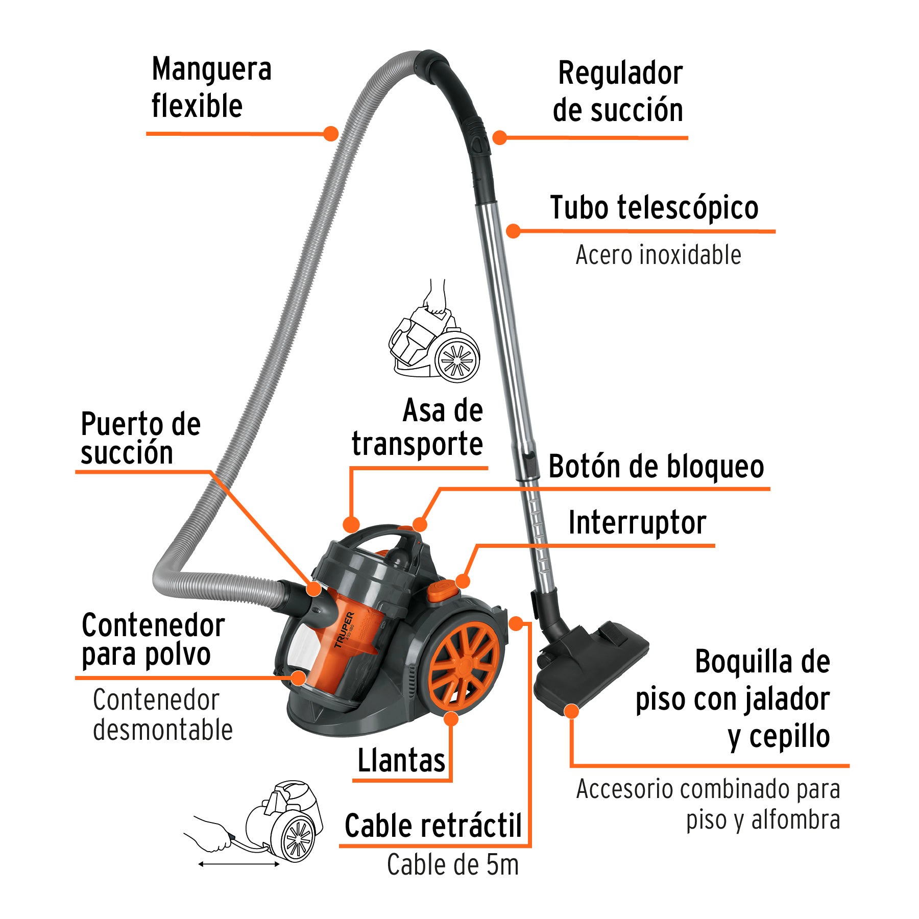 Aspiradora canister 2 L (0.5 gal) 1200 W (1.6 Hp) TRUPER