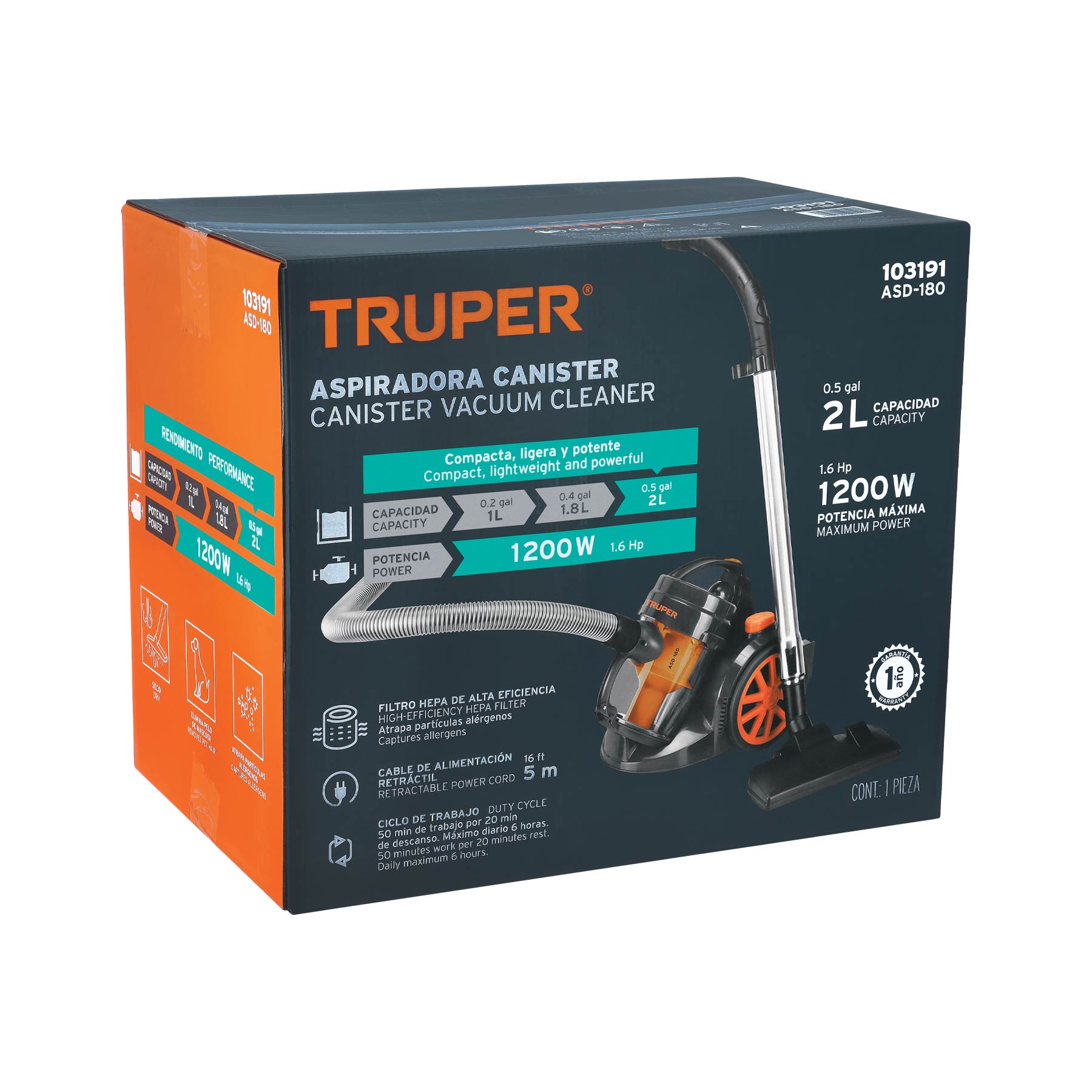 Aspiradora canister 2 L (0.5 gal) 1200 W (1.6 Hp) TRUPER