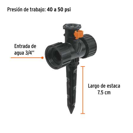 Mini aspersor plástico, dos vías, irrigación 360°, TRUPER