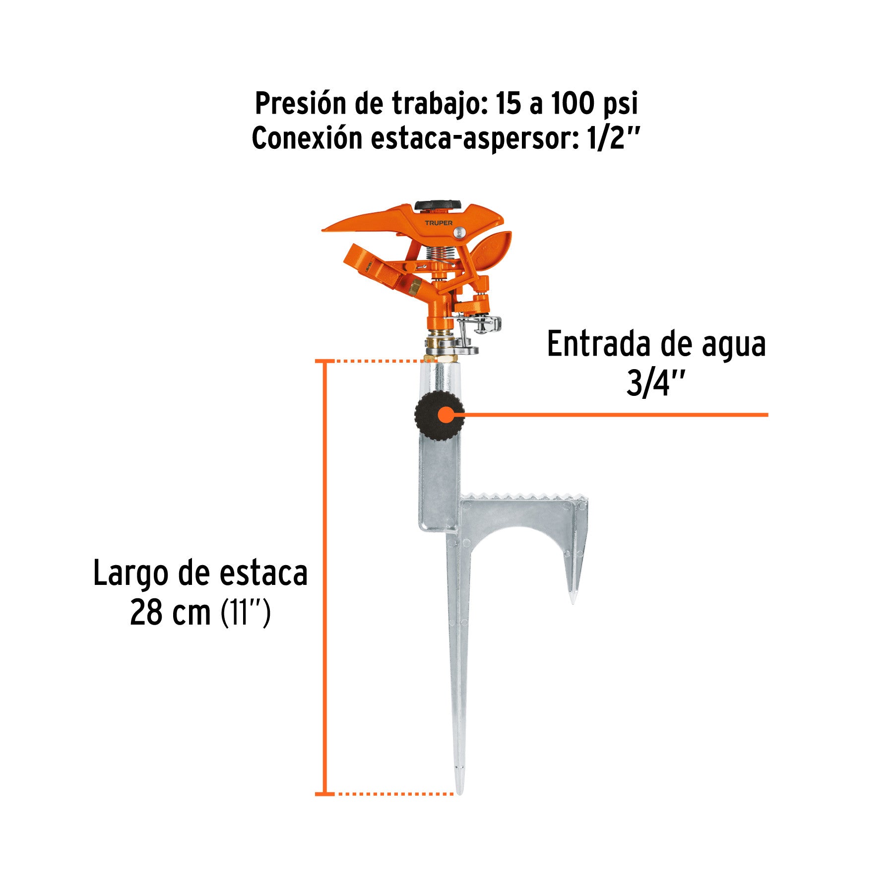 Aspersor metálico 14' dos vías, reforzado, estaca de escalón