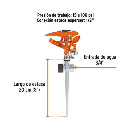 Aspersor metálico 11' dos vías, estaca metálica, TRUPER