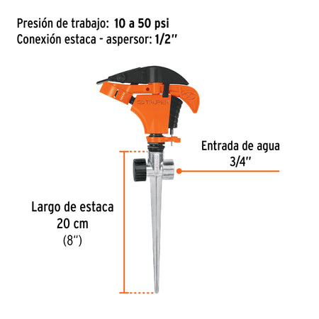 Aspersor plástico 11', dos vías, estaca metálica, TRUPER