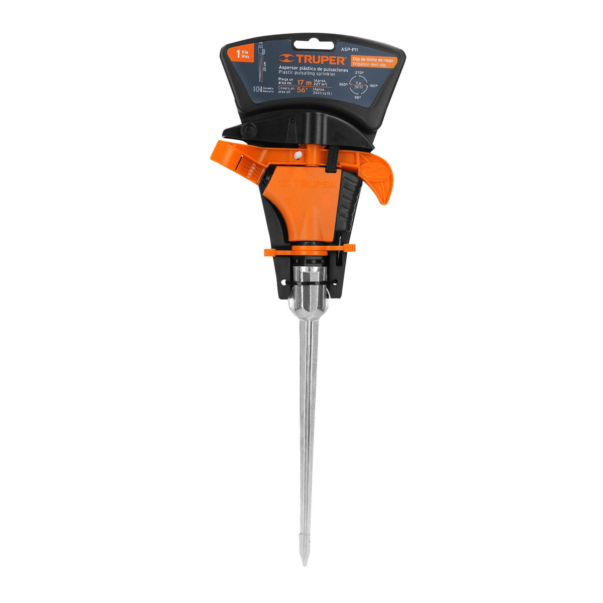 Aspersor plástico 11', una vía, estaca metálica, TRUPER