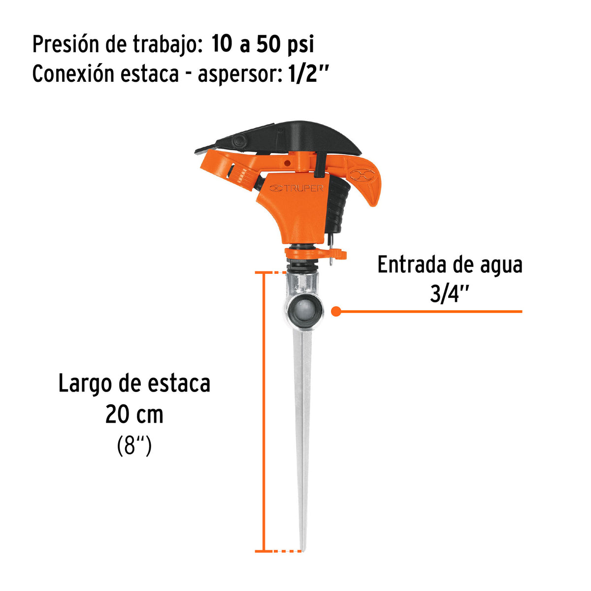 Aspersor plástico 11', una vía, estaca metálica, TRUPER