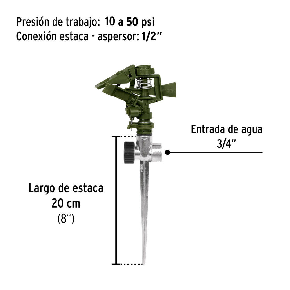 Aspersor plástico 11' dos vías estaca metálica verde, PRETUL
