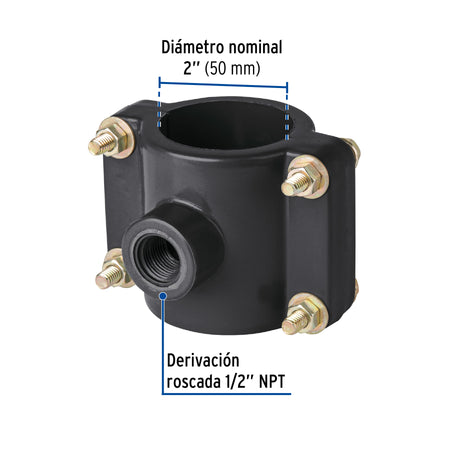 Abrazadera para toma domiciliaria PP 2' x 1/2', FOSET
