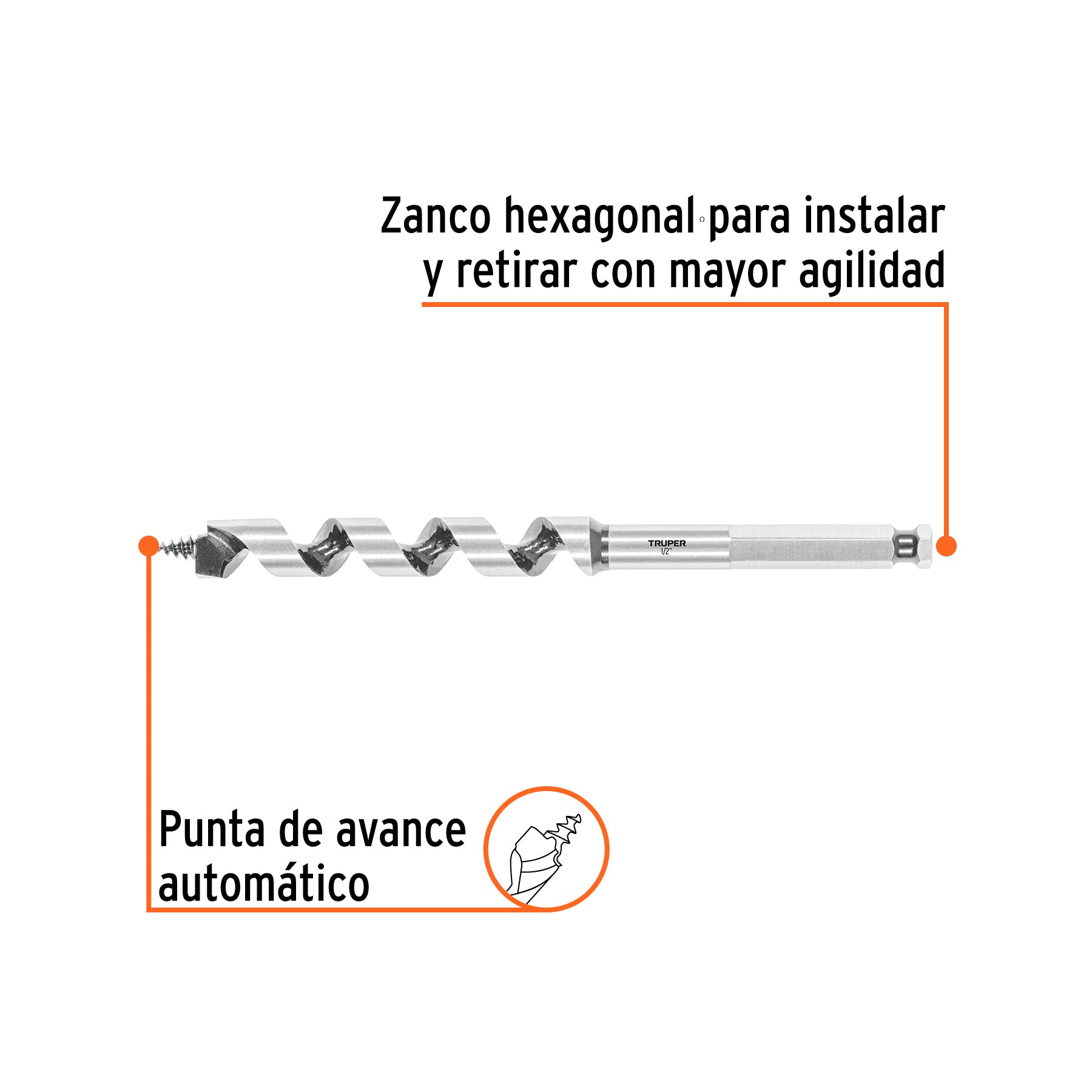 Broca auger tipo berbiquí 1/2' X 6', TRUPER