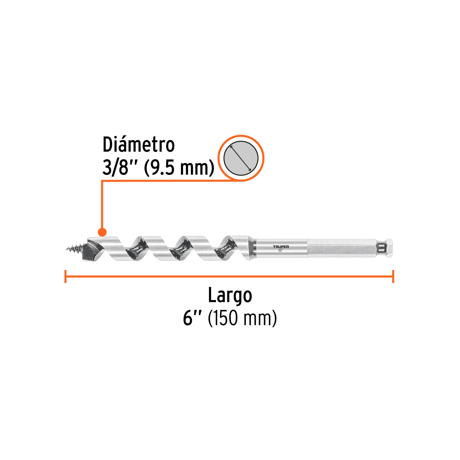 Broca auger tipo berbiquí 1/2' X 6', TRUPER