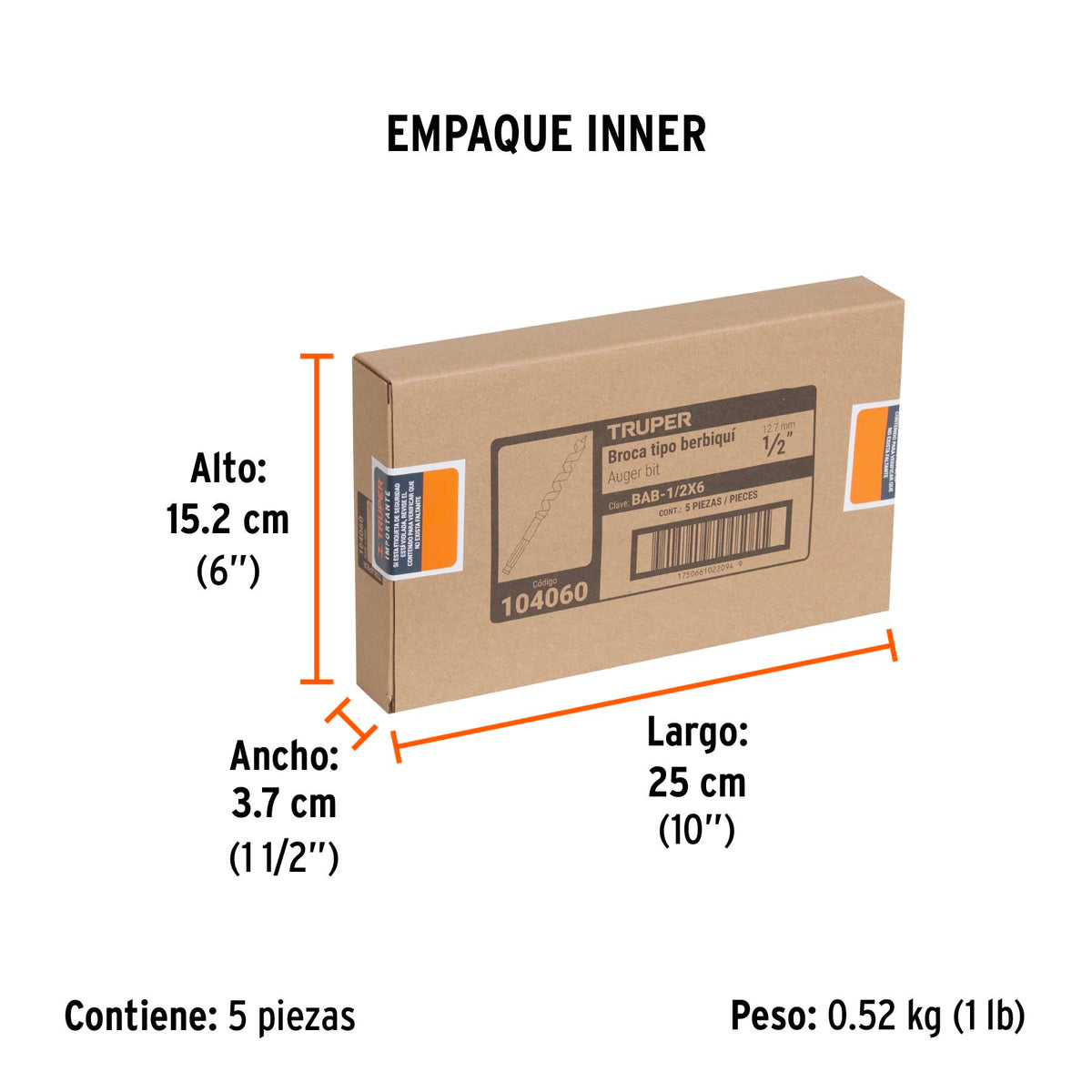 Broca auger tipo berbiquí 1/2' X 6', TRUPER