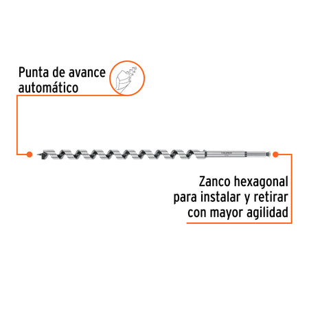 Broca auger tipo berbiquí 13/16' X 18', TRUPER