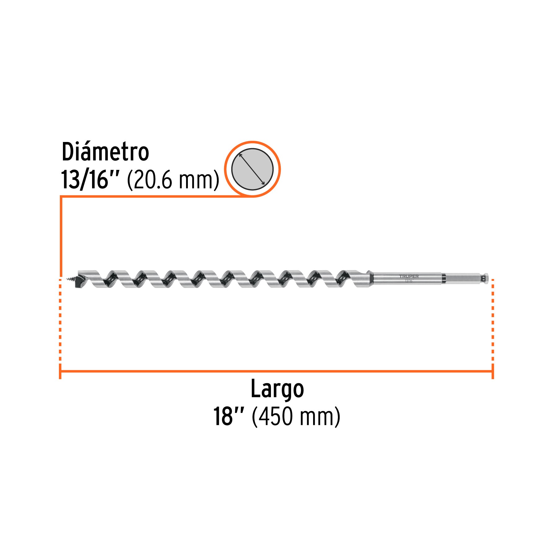 Broca auger tipo berbiquí 13/16' X 18', TRUPER