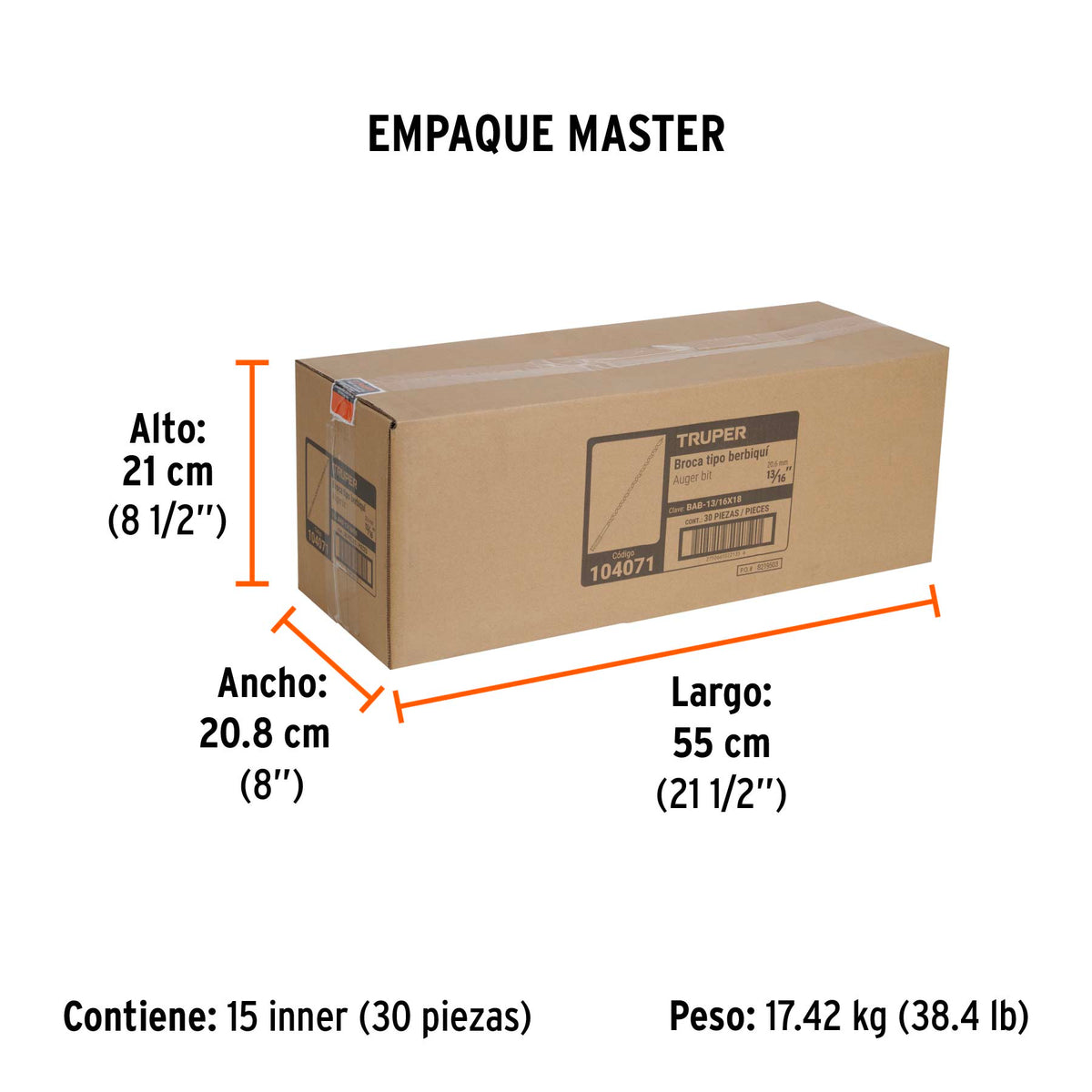 Broca auger tipo berbiquí 13/16' X 18', TRUPER