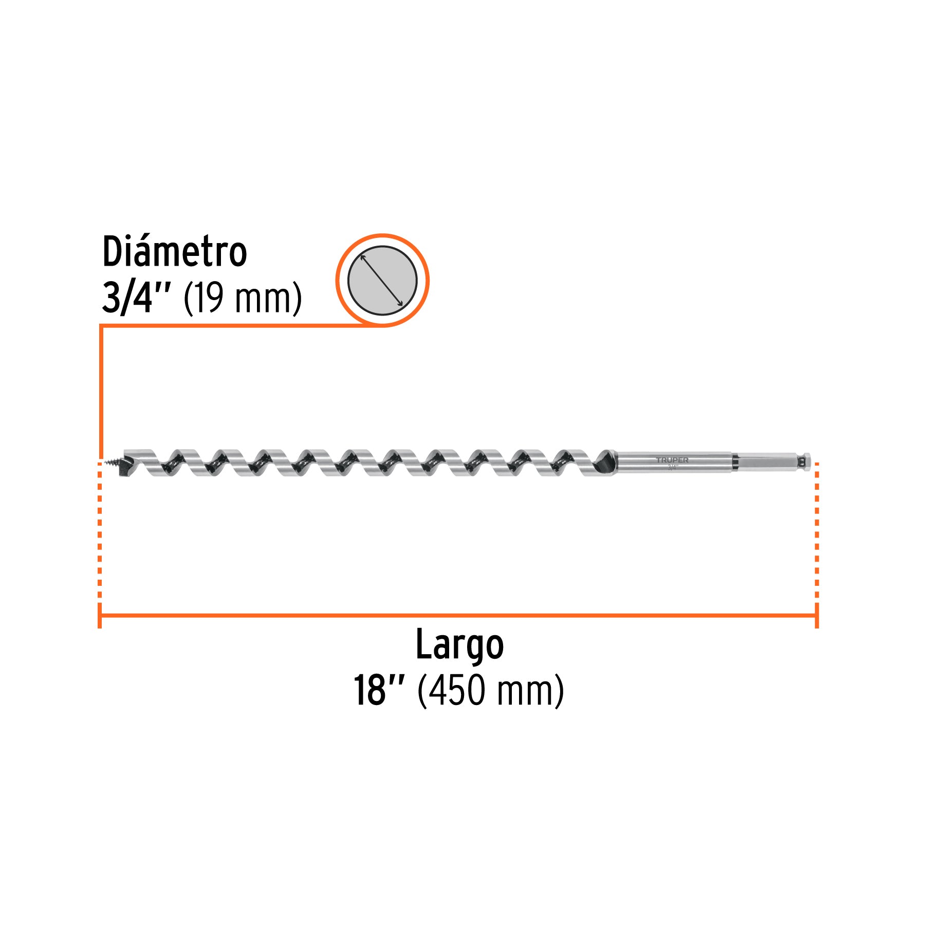 Broca auger tipo berbiquí 3/4' X 18', TRUPER