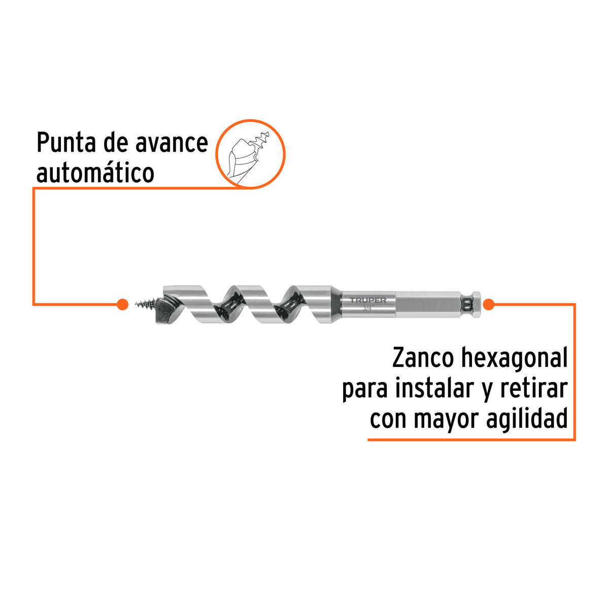 Broca auger tipo berbiquí 3/4' X 6', TRUPER