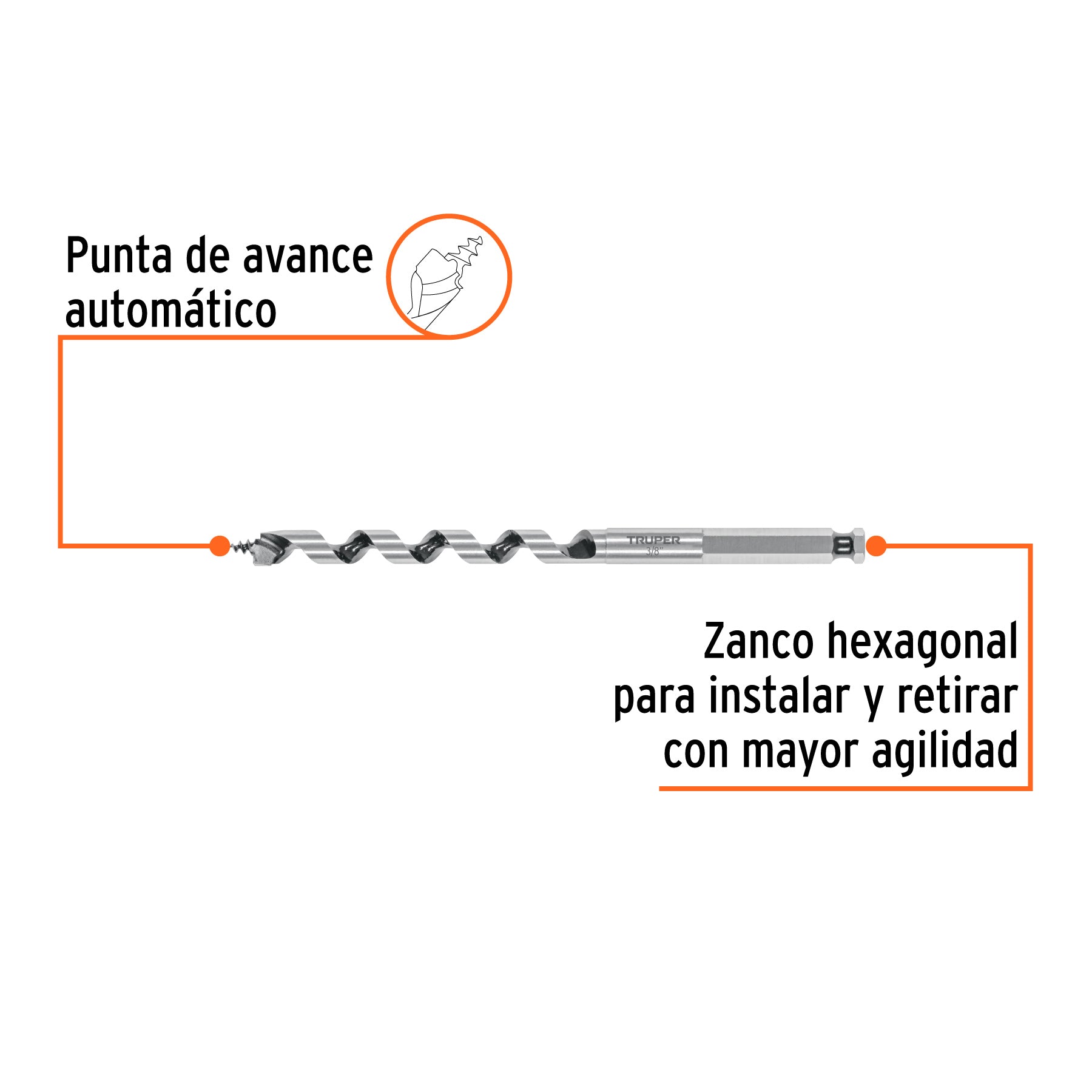 Broca auger tipo berbiquí 3/8' X 6', TRUPER
