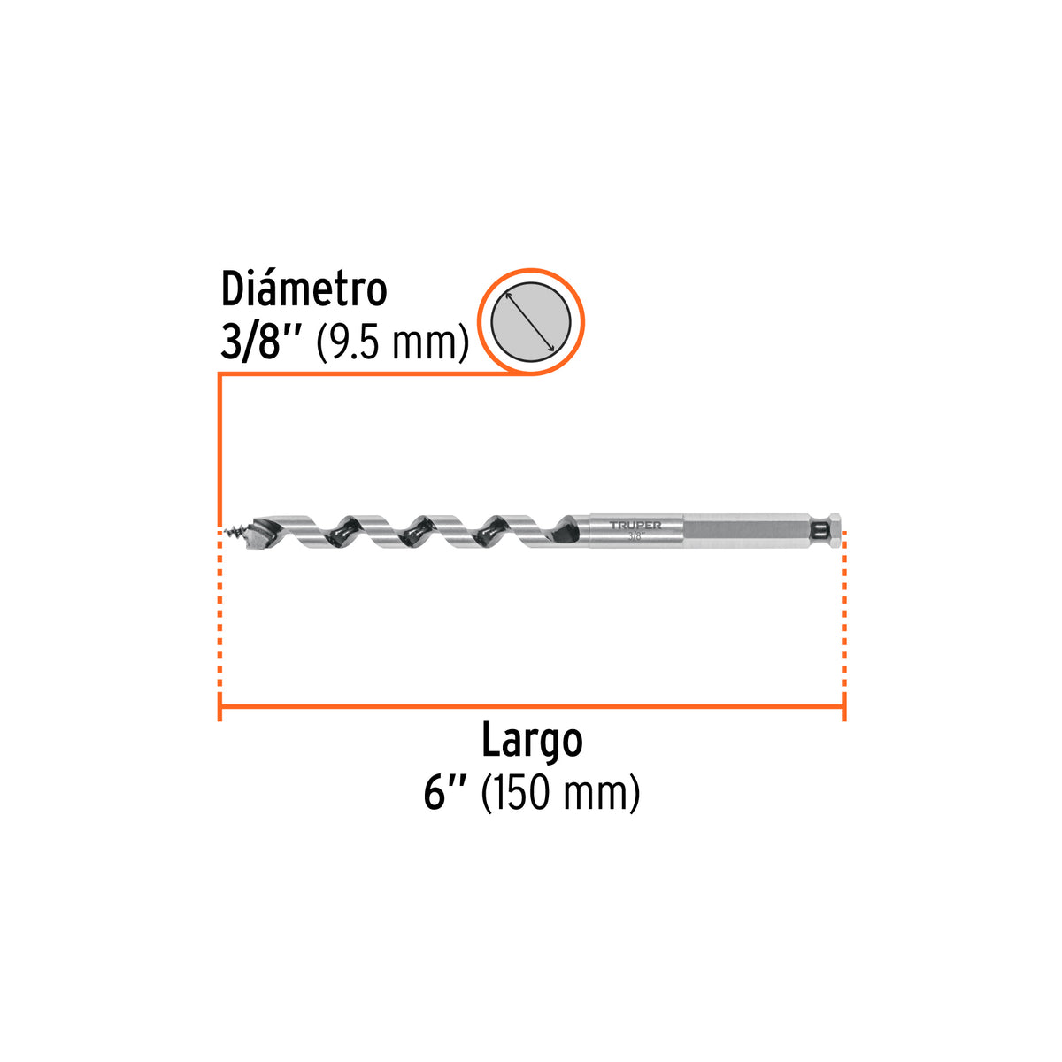 Broca auger tipo berbiquí 3/8' X 6', TRUPER