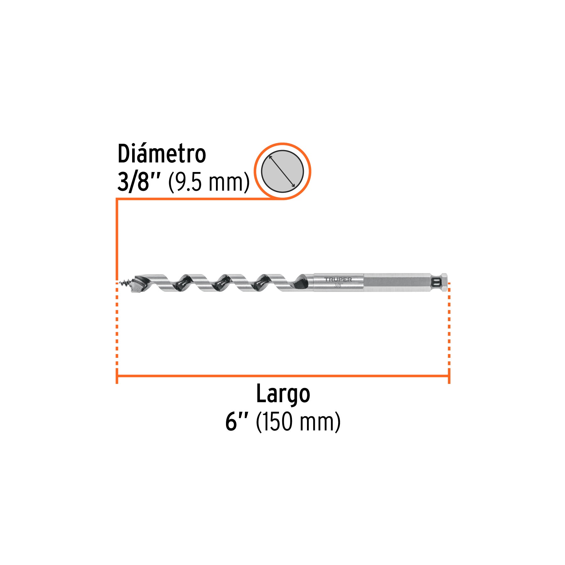 Broca auger tipo berbiquí 3/8' X 6', TRUPER