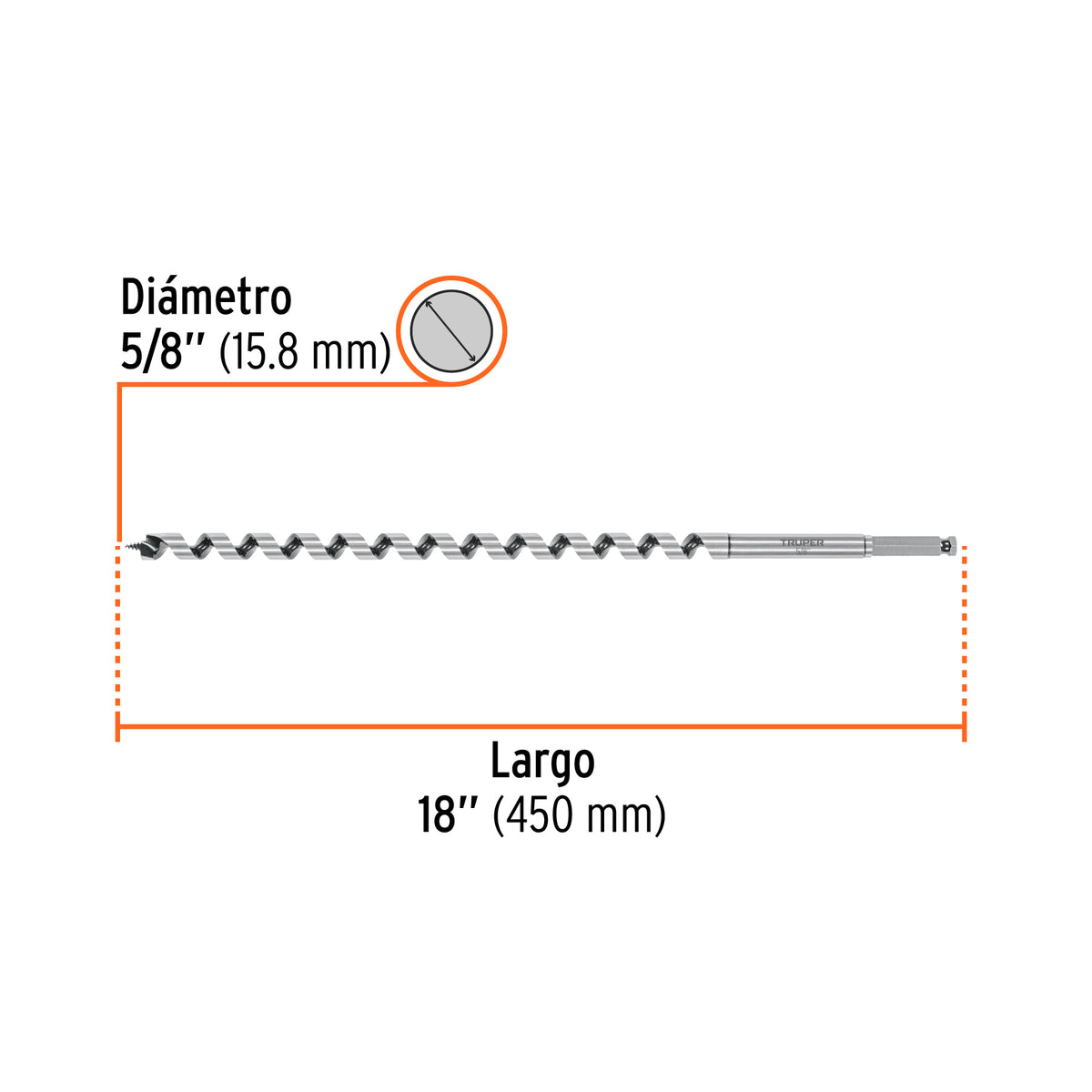 Broca auger tipo berbiquí 5/8' X 18', TRUPER